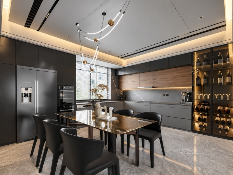 Mẫu bếp chữ L và bàn ăn mặt kính phong cách hiện đại kết hợp tủ rượu kịch trần