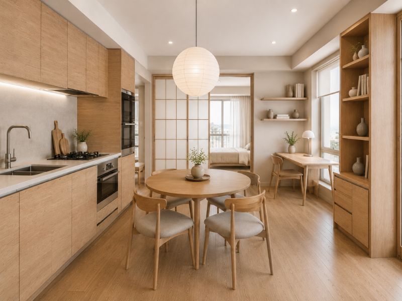 Khu bếp sử dụng hệ tủ phẳng, bàn ăn tròn và ánh sáng nhẹ, tạo nên không gian nấu nướng gọn gàng