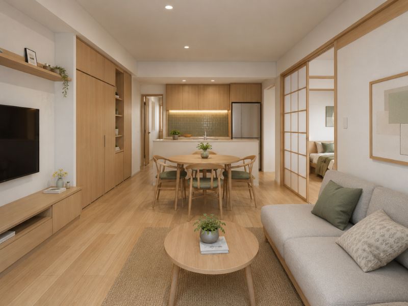 Mẫu thiết kế nội thất chung cư phong cách Nhật Bản 60m2 bố trí phòng khách, bếp và bàn ăn liên thông, kết hợp cửa trượt Shoji để phân chia không gian nhẹ nhàng