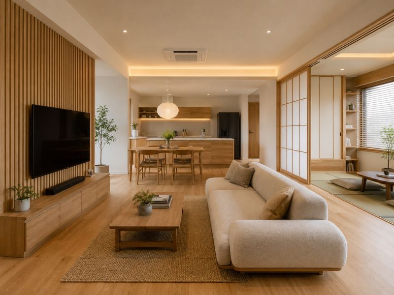 Nội thất chung cư phong cách Nhật Bản 70m2 có phòng khách rộng, bếp liên thông và vách trượt Shoji