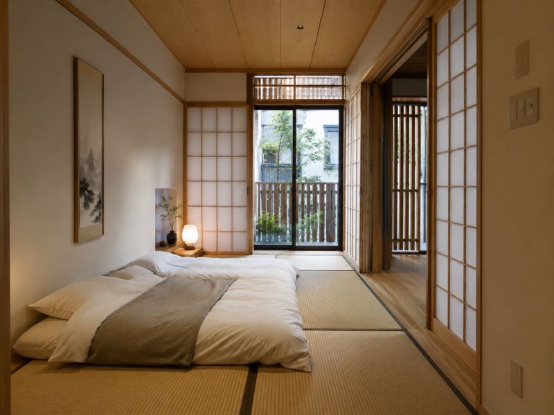 Mẫu chiếu Tatami trong phòng ngủ phong cách Nhật Bản với nệm Futon và vách Shoji