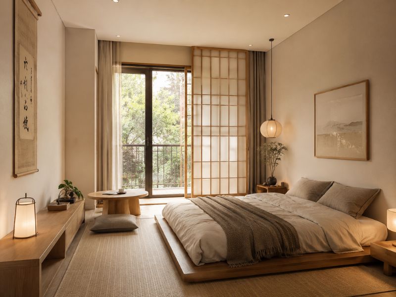 Mẫu nệm Futon trong phòng ngủ kiểu Nhật với giường bệt, đèn giấy và vách Shoji