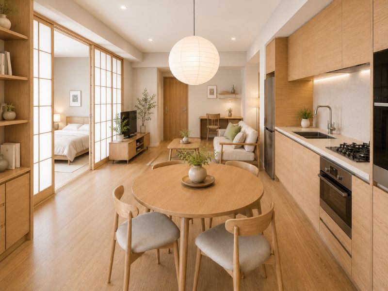 Nội thất chung cư phong cách Nhật Bản 50m2 được bố trí phòng khách, bếp và bàn ăn liền mạch, kết hợp cửa trượt Shoji