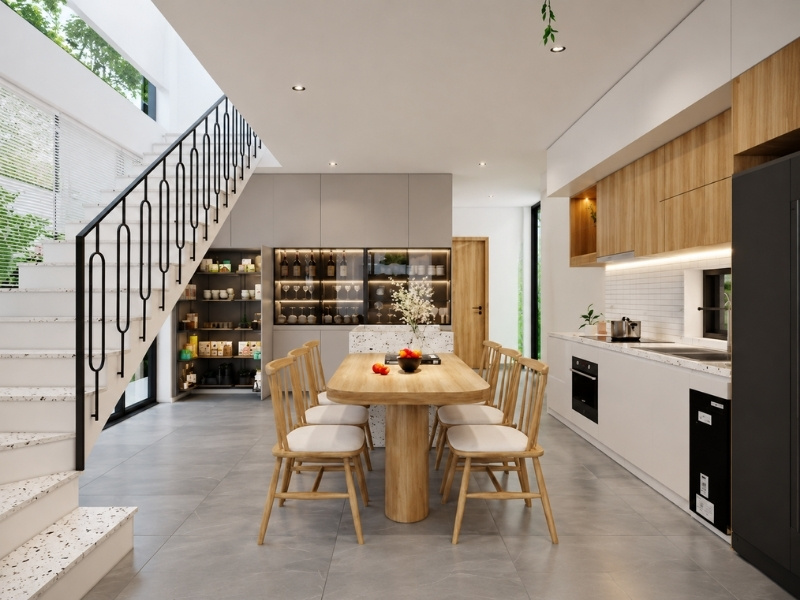 Mẫu nội thất phòng bếp nhà phố 2 tầng bàn ăn gỗ sồi bàn đảo terrazzo