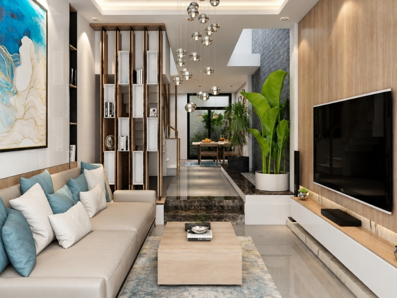 Mẫu nội thất phòng khách nhà phố 2 tầng phối ánh sáng và màu sắc hài hòa
