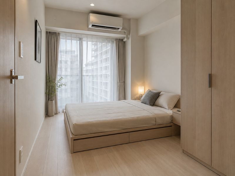 Mẫu nội thất phòng ngủ phong cách Nhật Bản tối giản với giường bệt hộc kéo và tủ gỗ sáng