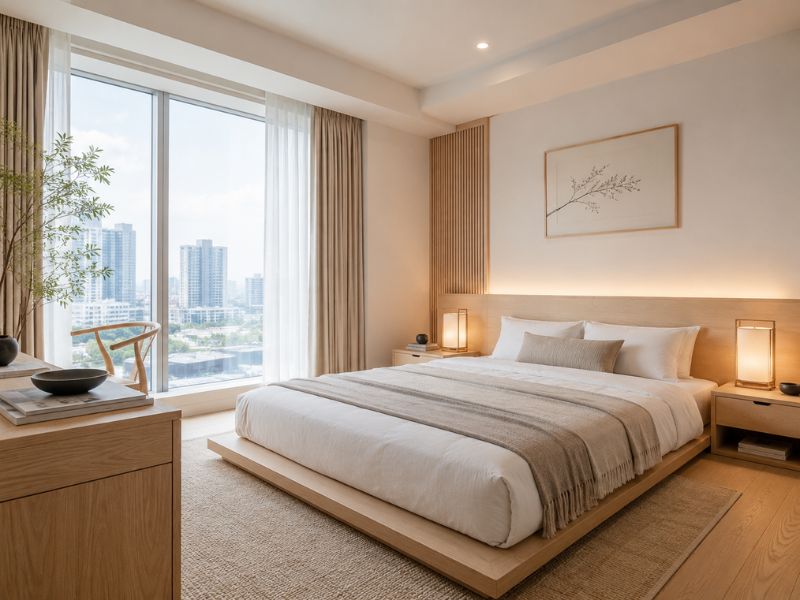 Mẫu nội thất phòng ngủ phong cách Nhật Bản với gỗ sáng, giường bệt và cửa kính lớn