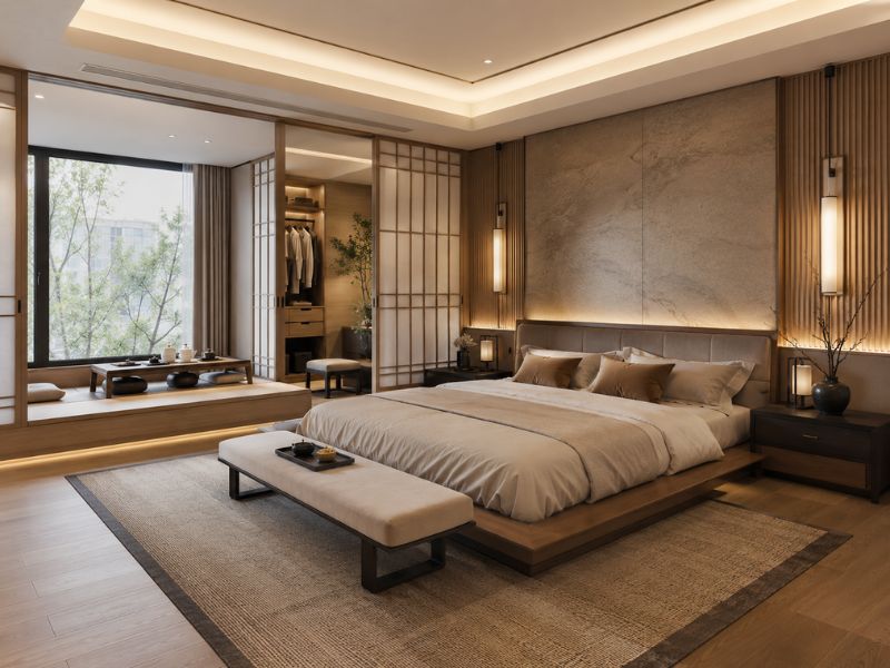 Mẫu nội thất phòng ngủ phong cách Nhật Bản master sang trọng với vách lớn, giường bệt và bàn cuối giường