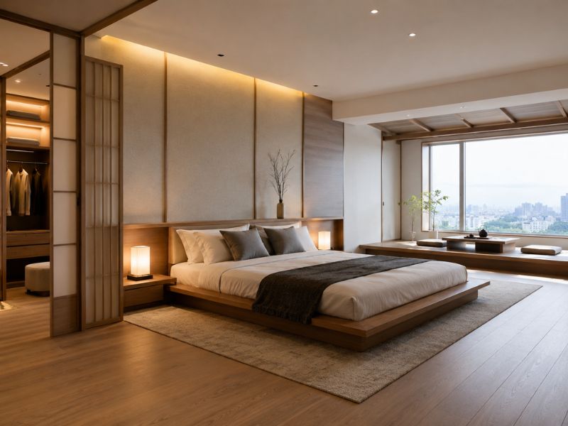 Mẫu nội thất phòng ngủ phong cách Nhật Bản master sang trọng với giường bệt lớn và góc ngồi cạnh cửa sổ