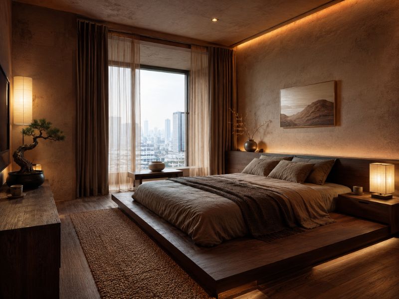 Mẫu nội thất phòng ngủ phong cách Nhật Bản mộc mạc với giường bệt, tường hiệu ứng thô và rèm tối màu