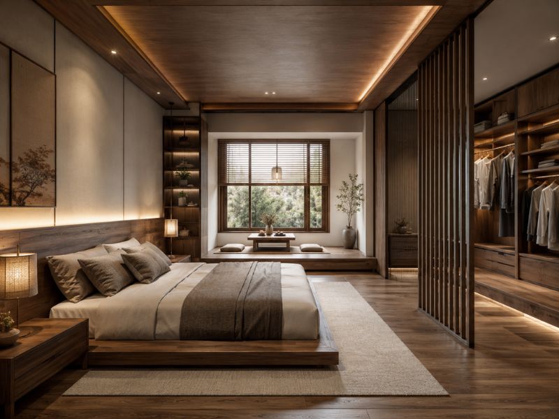 Mẫu nội thất phòng ngủ phong cách Nhật Bản sang trọng với giường bệt lớn và khu thay đồ mở