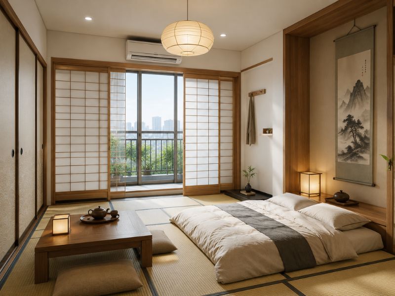 Mẫu nội thất phòng ngủ phong cách Nhật Bản truyền thống với cửa lùa Shoji, nệm Futon và chiếu Tatami