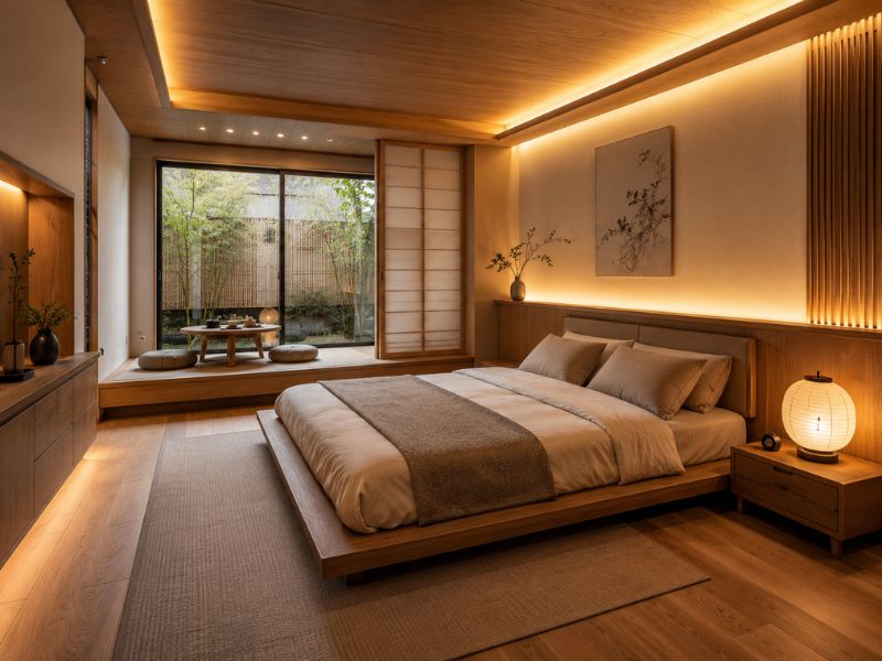  Mẫu nội thất phòng ngủ phong cách Nhật Bản với ánh sáng vàng ấm, giường bệt và đèn giấy