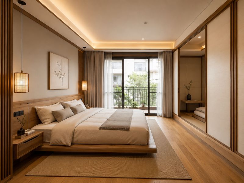 Mẫu nội thất phòng ngủ phong cách Nhật Bản với giường bệt, khu Tatami và cửa lùa Shoji cần bảo trì đúng cách