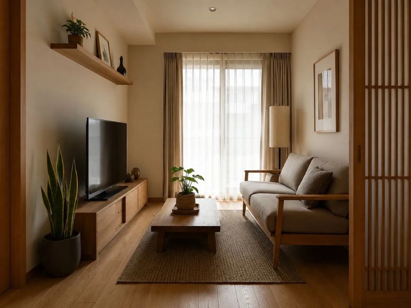 Mẫu phòng khách Nhật Bản kết hợp cây xanh, sofa gỗ thấp và rèm vải mỏng