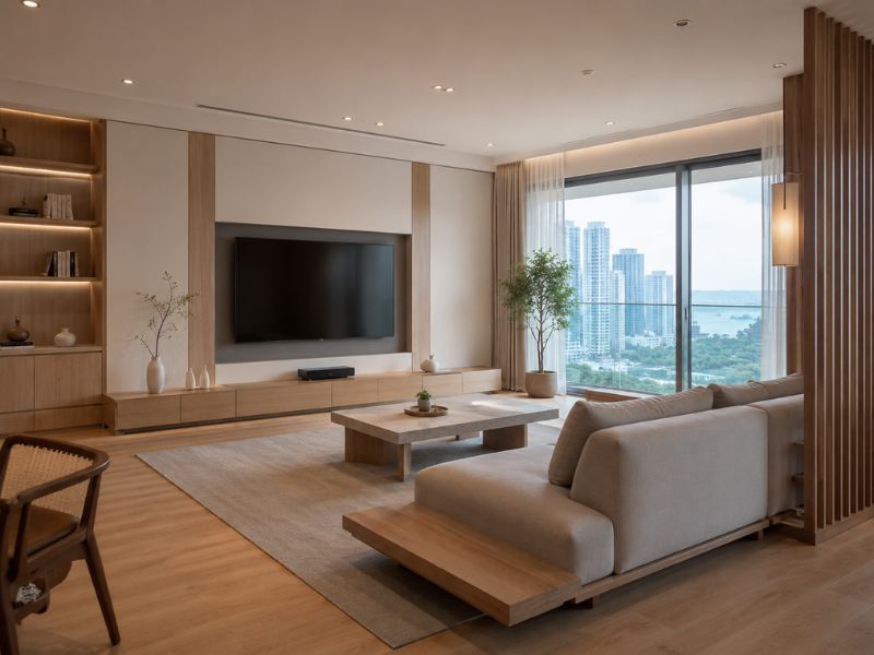 Mẫu phòng khách Nhật Bản kết hợp yếu tố hiện đại với sofa thấp, bàn trà vuông và cửa kính lớn nhìn ra thành phố