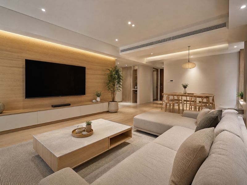 Mẫu phòng khách Nhật Bản kết hợp yếu tố hiện đại với vách tivi ốp gỗ, sofa chữ L và bàn ăn liên thông