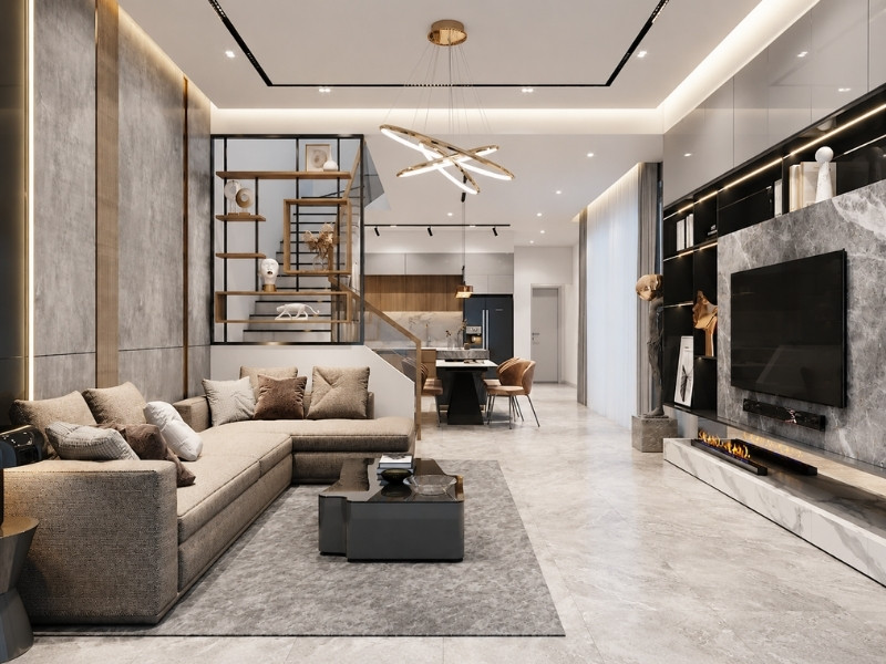 Mẫu phòng khách nhà phố 2 tầng 90m2 vách đá cẩm thạch