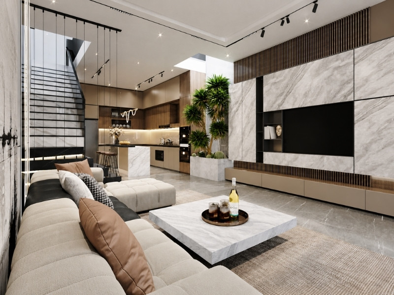 Mẫu phòng khách nhà phố 2 tầng phong cách Luxury vách đá cẩm thạch