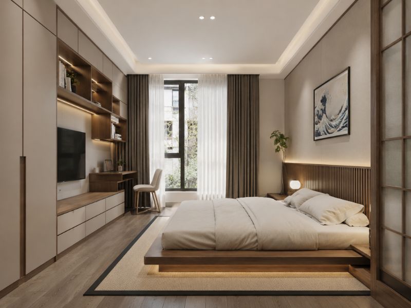 Mẫu phòng ngủ Nhật hiện đại với giường thấp, bàn làm việc và tủ trang trí gỗ
