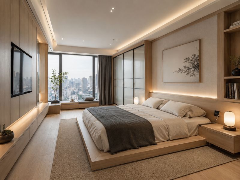 Mẫu phòng ngủ Nhật hiện đại với giường bệt, đèn hắt và cửa kính lớn
