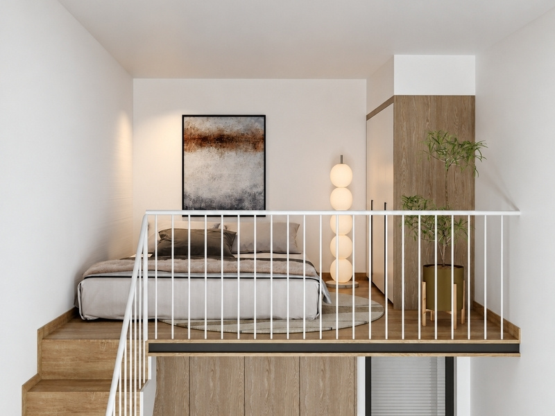 Mẫu phòng ngủ gác lửng nhà phố 20m2 ấm cúng với giường bệt và tủ kịch trần
