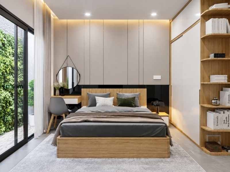Mẫu phòng ngủ nhà phố 2 tầng có cửa kính nhìn ra mảng xanh