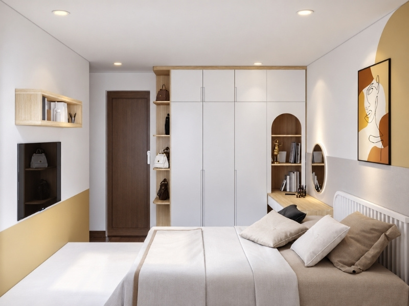Mẫu phòng ngủ nhà phố 25m2 tiện nghi với tủ áo kịch trần liền bàn trang điểm