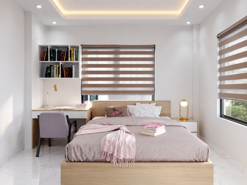 Mẫu phòng ngủ nhà phố 30m2 thoáng sáng với bàn làm việc liền giá sách