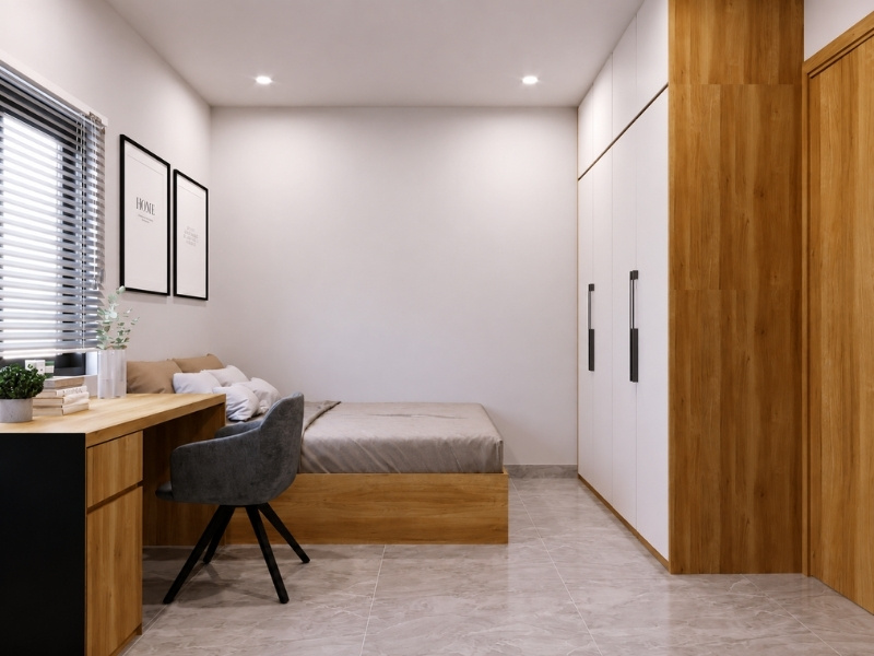 Mẫu phòng ngủ nhà phố 45m2 thoáng đãng có giường bục và bàn làm việc bên cửa sổ