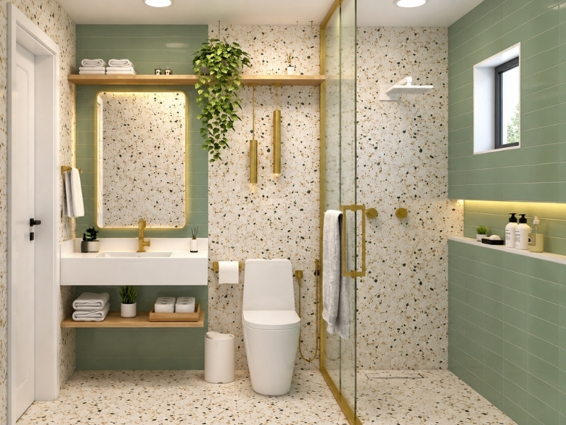 Mẫu phòng tắm nhà phố 2 tầng ốp đá terrazzo phối gạch xanh bơ