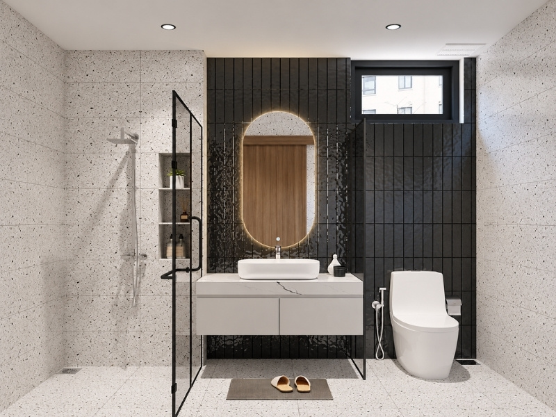 Mẫu phòng tắm nhà phố nhỏ phong cách tối giản ốp gạch terrazzo và vách kính đen