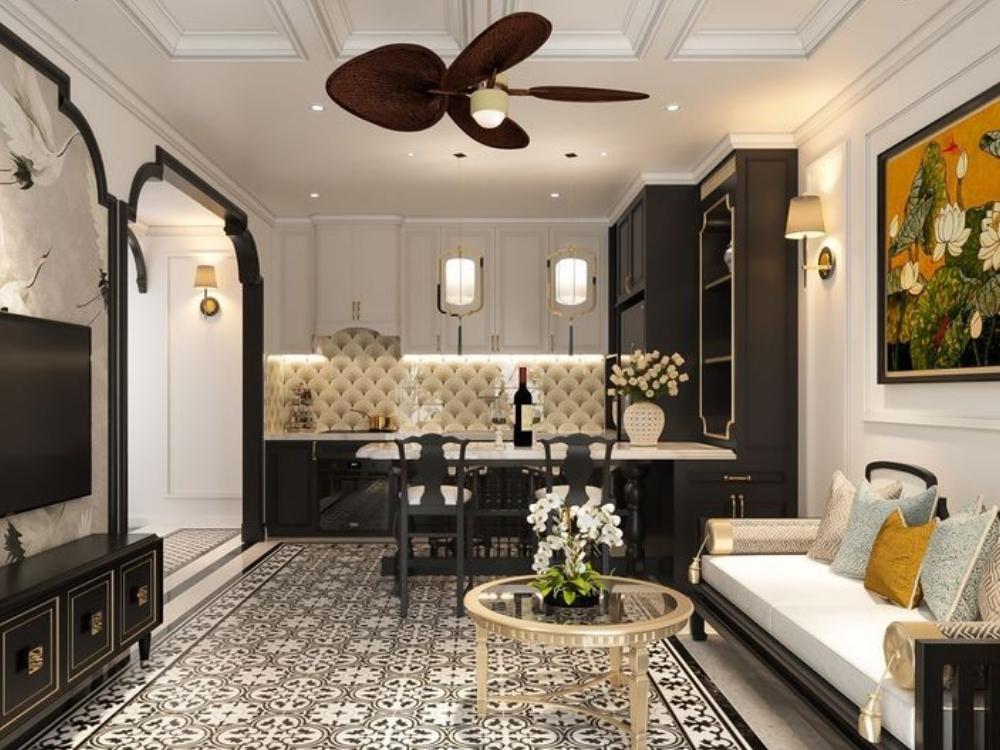 Màu sắc ấm áp và vật liệu tự nhiên hài hòa, thể hiện sự kết hợp tinh tế giữa phong cách Á Đông và châu Âu