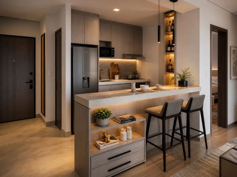 Mẫu thiết kế nhà bếp chung cư có quầy bar mini mặt đá vân xám trắng đèn LED âm viền kết hợp kệ mở ngăn kéo