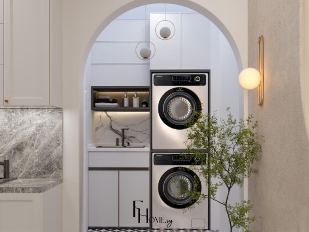 Mẫu thiết kế nhà phố 5x20m phong cách Wabi Sabi với thiết kế chỗ đỗ máy giặt tối ưu điện tích