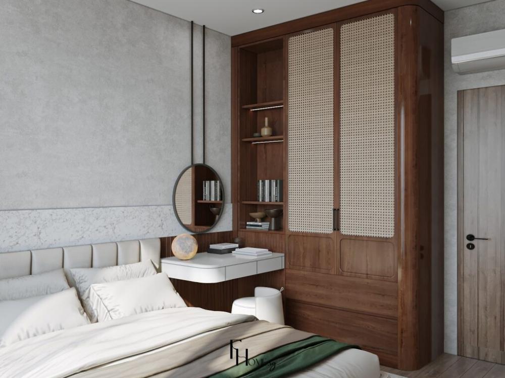 Phòng ngủ chung cư 45m2 với giường gỗ tự nhiên, tủ quần áo walk-in và bàn trang điểm tạo không gian sang trọng.