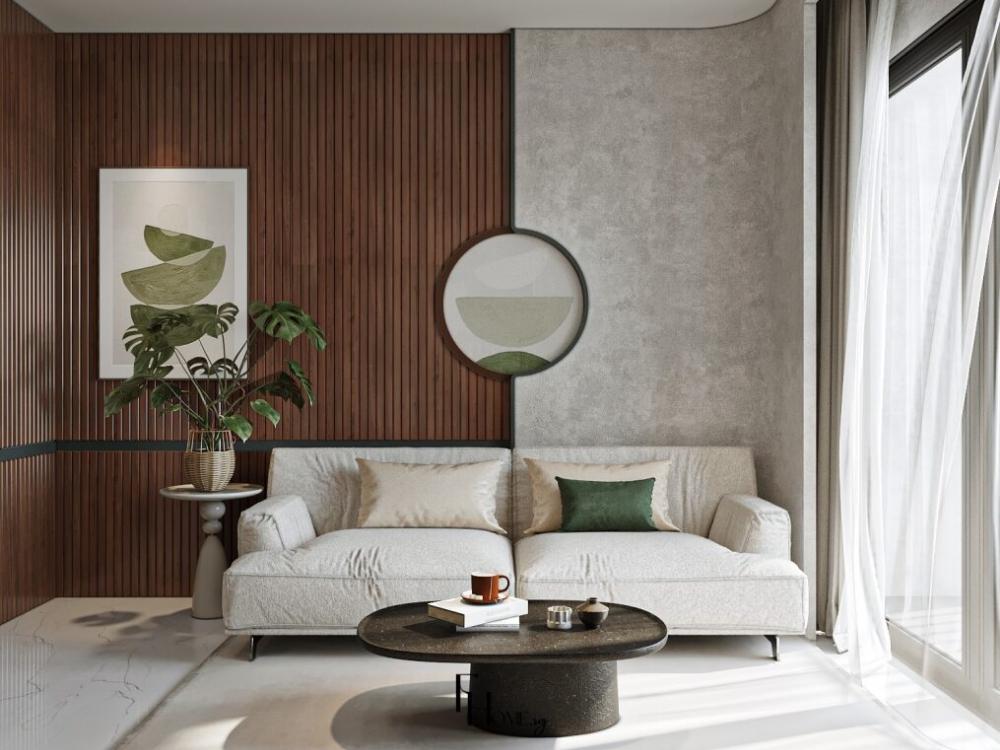 Phòng khách chung cư 45m2 với sofa trắng, bàn trà gỗ và ban công nhỏ tạo không gian thoải mái và thư giãn.