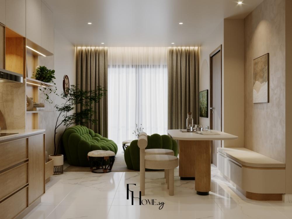 Phòng khách chung cư 60m2 liên thông phòng bếp