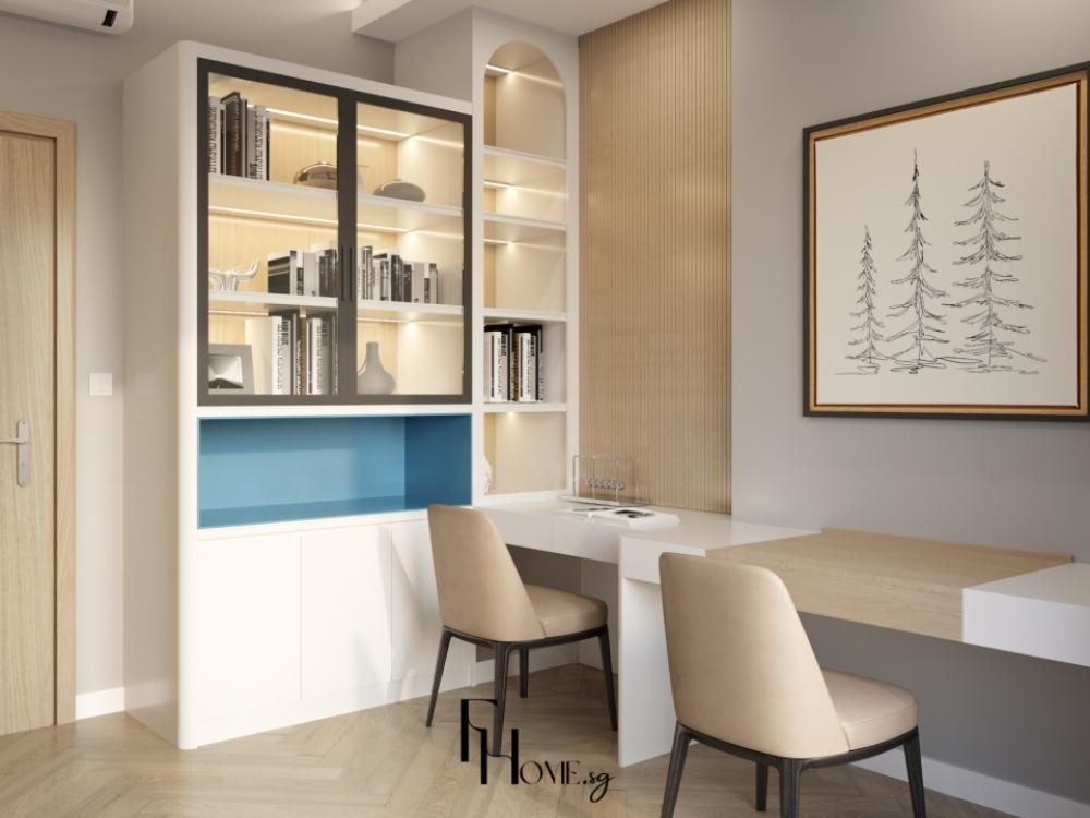 Phòng làm việc chung cư 75m2 với bàn làm việc lớn, ghế văn phòng và kệ sách tạo không gian làm việc hiệu quả.