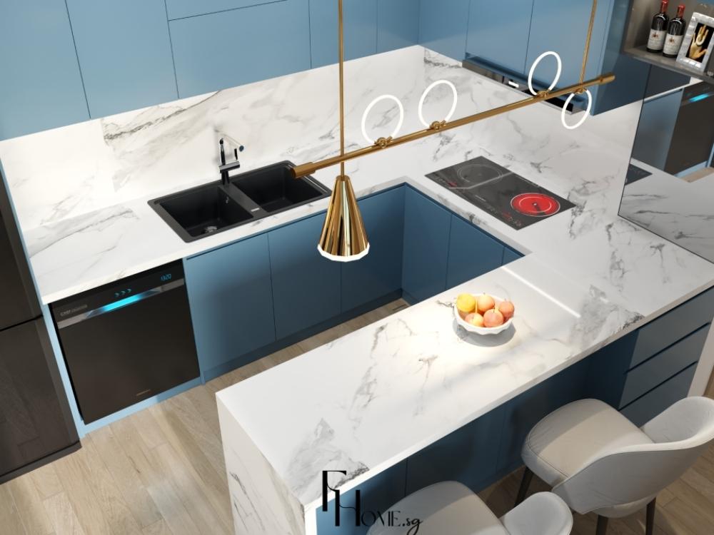 Phòng bếp chung cư 75m2 với bếp đảo hiện đại, tủ bếp gỗ tự nhiên và bàn ăn sang trọng tạo không gian tiện nghi