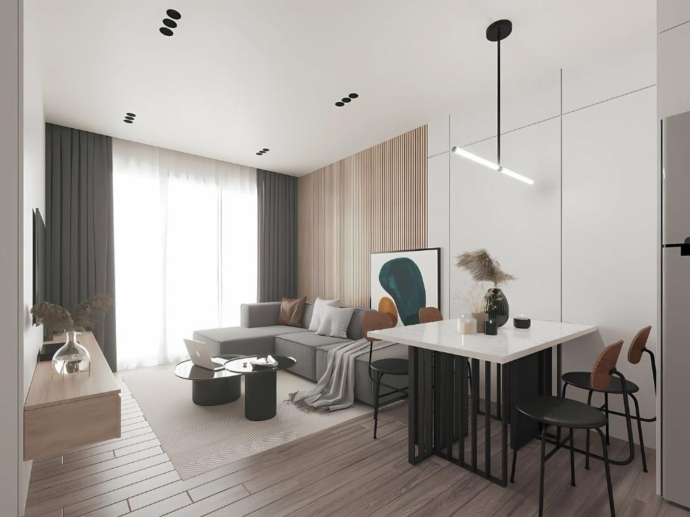 Phòng khách chung cư 75m2 liên thông phòng bếp tạo không gian thoáng