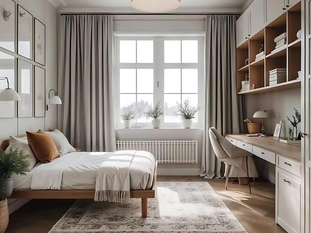 Phòng ngủ chính chung cư 75m2 với giường gỗ sang trọng