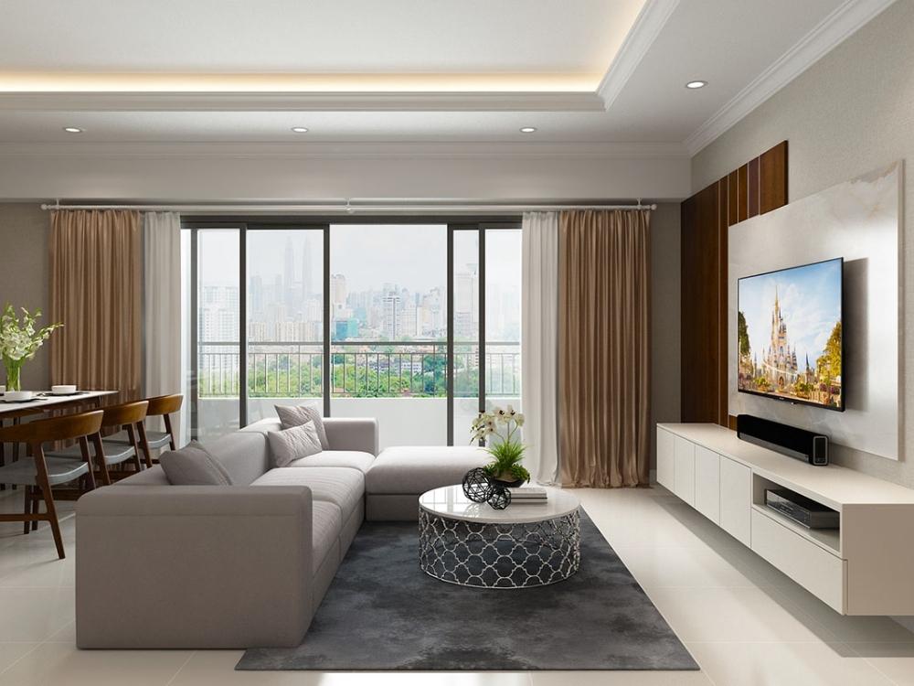 Phòng khách chung cư 95m2 với sofa xám, bàn trà đá marble