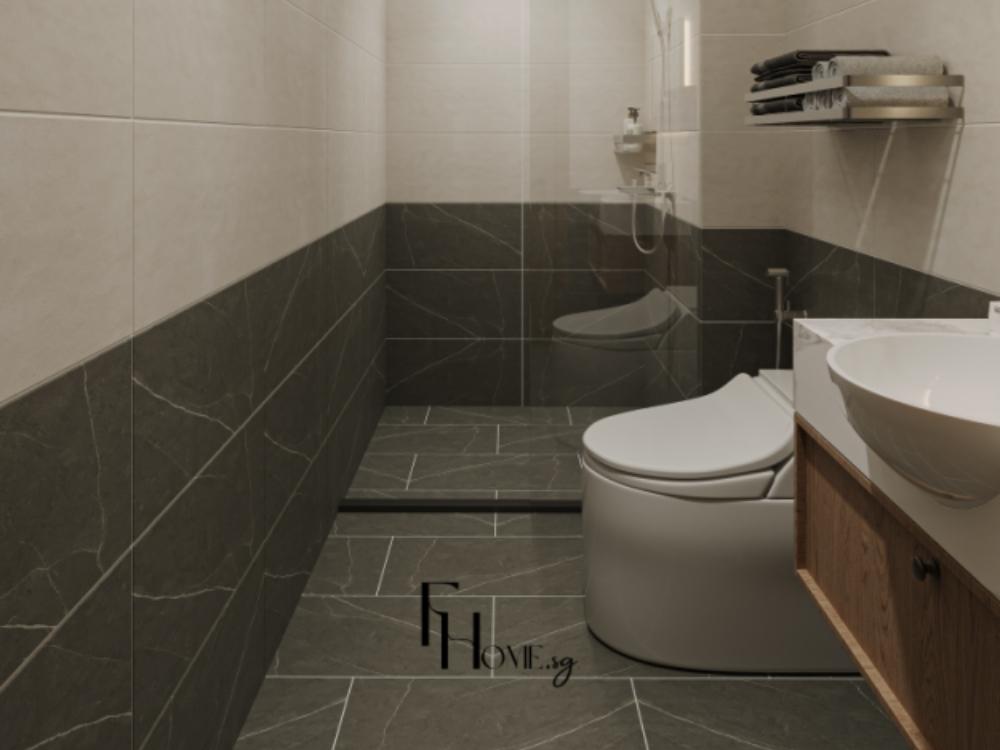 Phòng vệ sinh phong cách Wabi Sabi với bồn rửa gốm sứ, đá tự nhiên và chi tiết gỗ tạo không gian thư giãn.