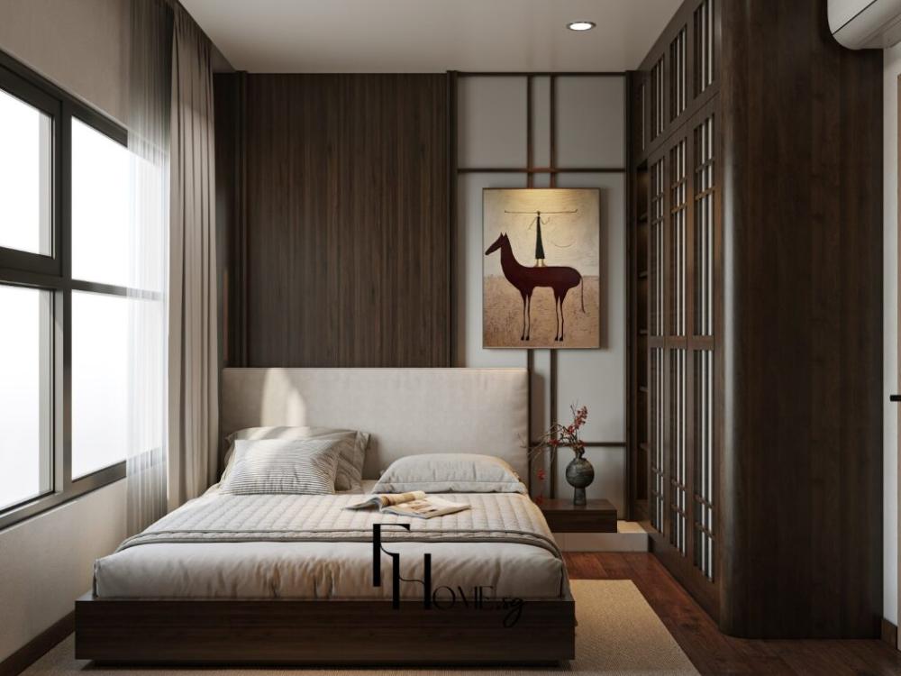 Phòng ngủ Zen với giường gỗ tự nhiên, bộ chăn ga trắng và đèn ngủ vàng tạo không gian thư giãn.