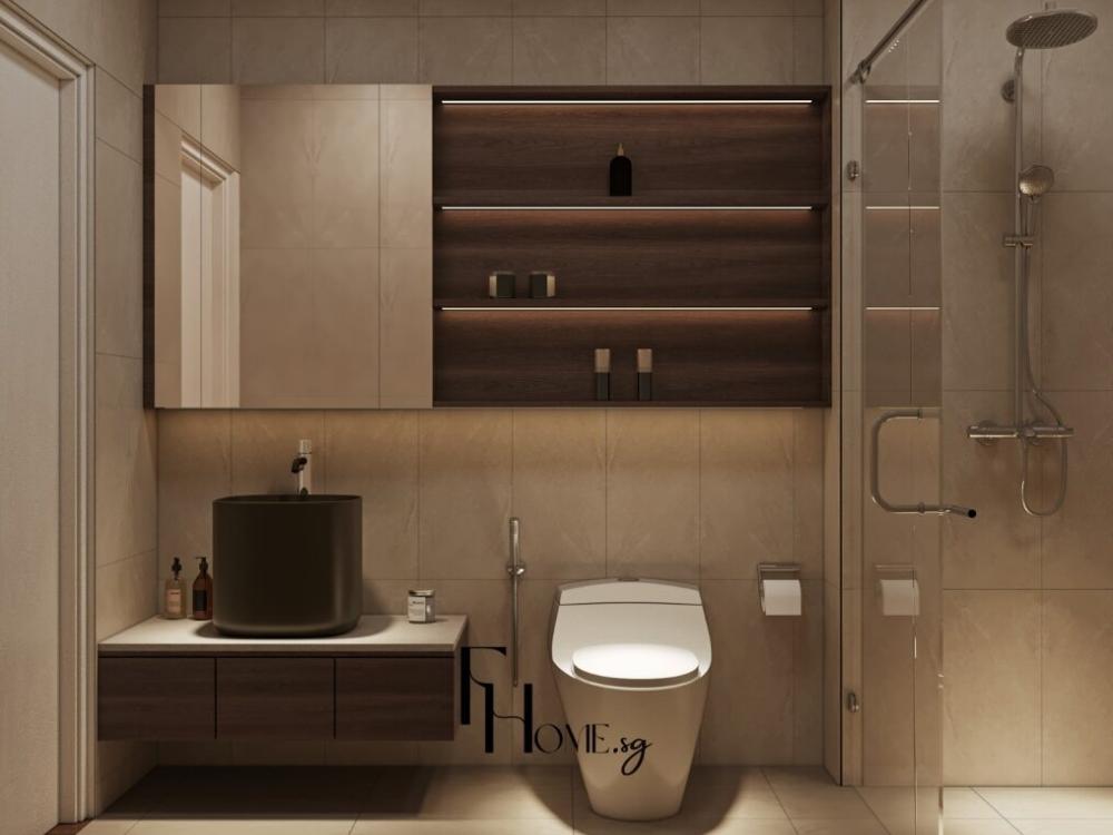 Nhà vệ sinh phong cách Zen với gạch vân đá, vòi sen hiện đại