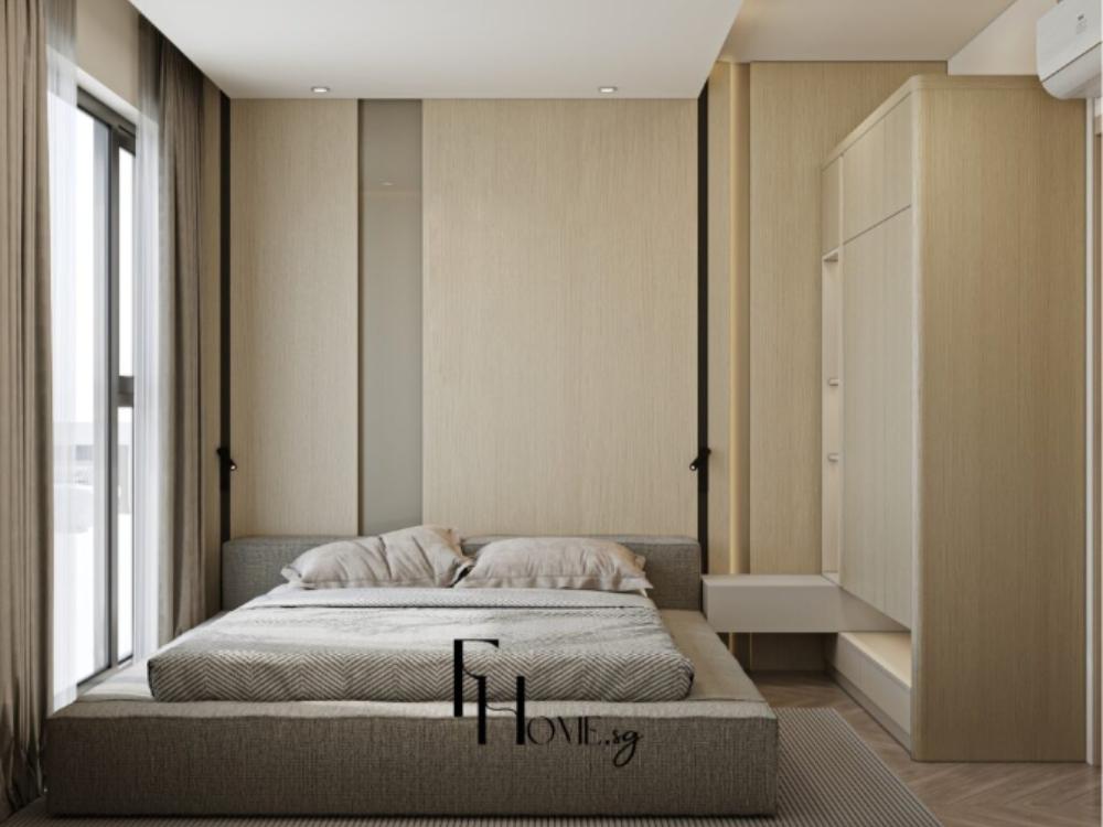 Phòng ngủ đơn giản với giường gỗ, bộ chăn ga trắng và ánh sáng nhẹ nhàng tạo không gian thư giãn.