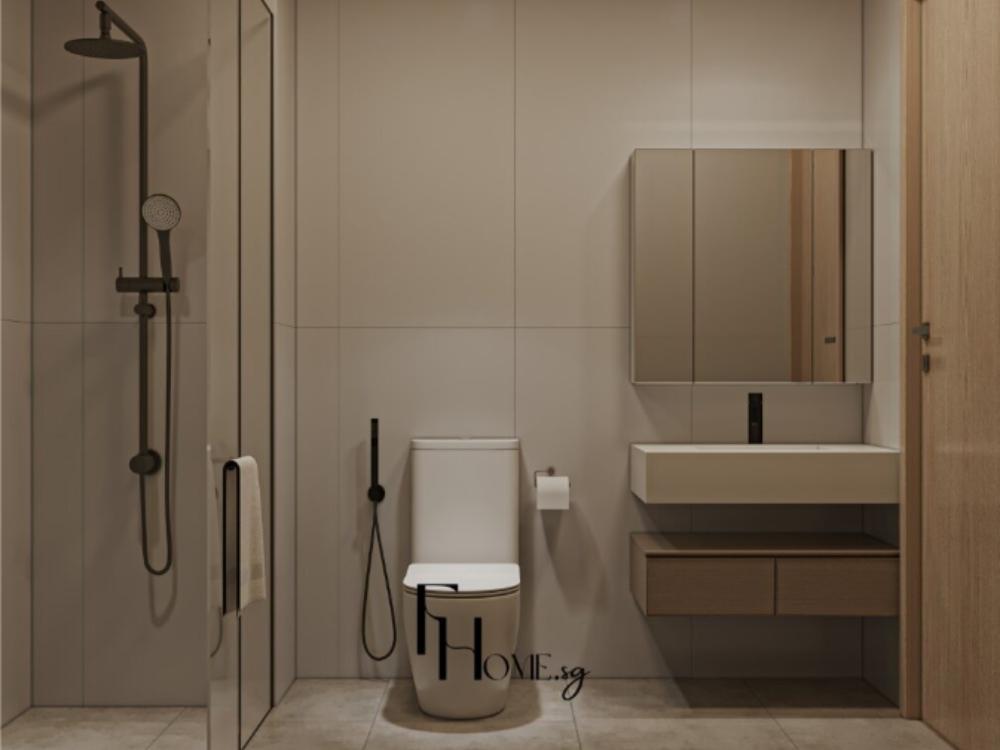 Phòng vệ sinh đơn giản với bồn rửa gốm, vòi sen và gạch ốp sáng màu tạo không gian gọn gàng và tiện lợi.