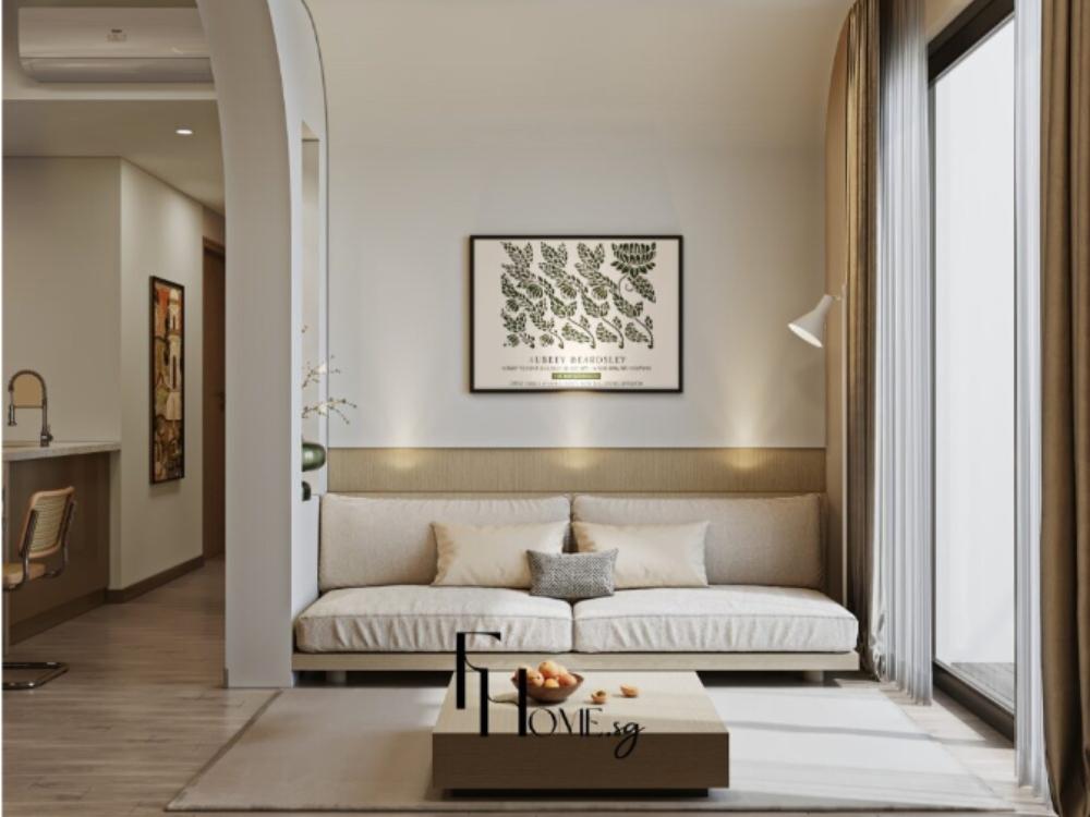 Phòng khách phong cách tối giản với sofa xám trắng, bàn trà gỗ tự nhiên