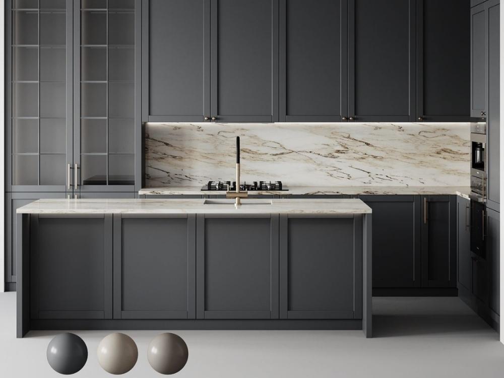 Phòng bếp chung cư 50m2 với tủ bếp gỗ sáng, mặt bàn đá trắng tạo không gian tiện nghi